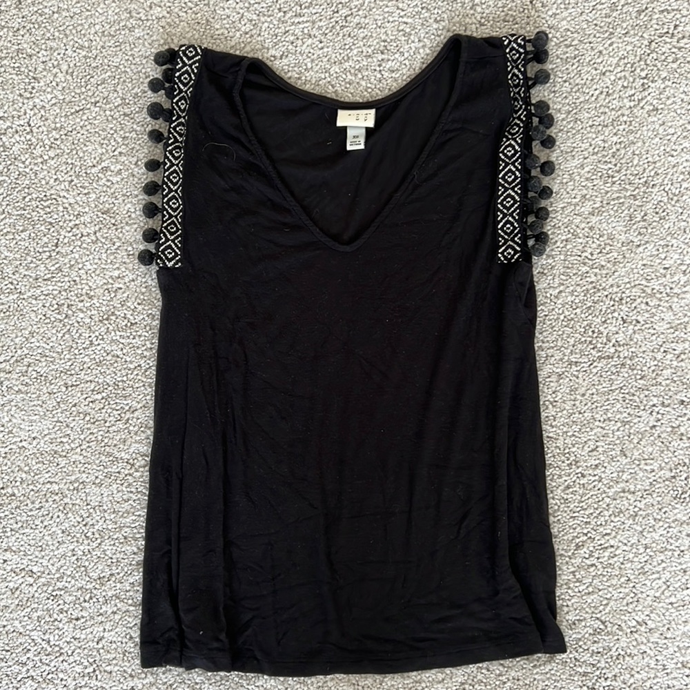 Black v-neck tank top with Pom Pom detail
